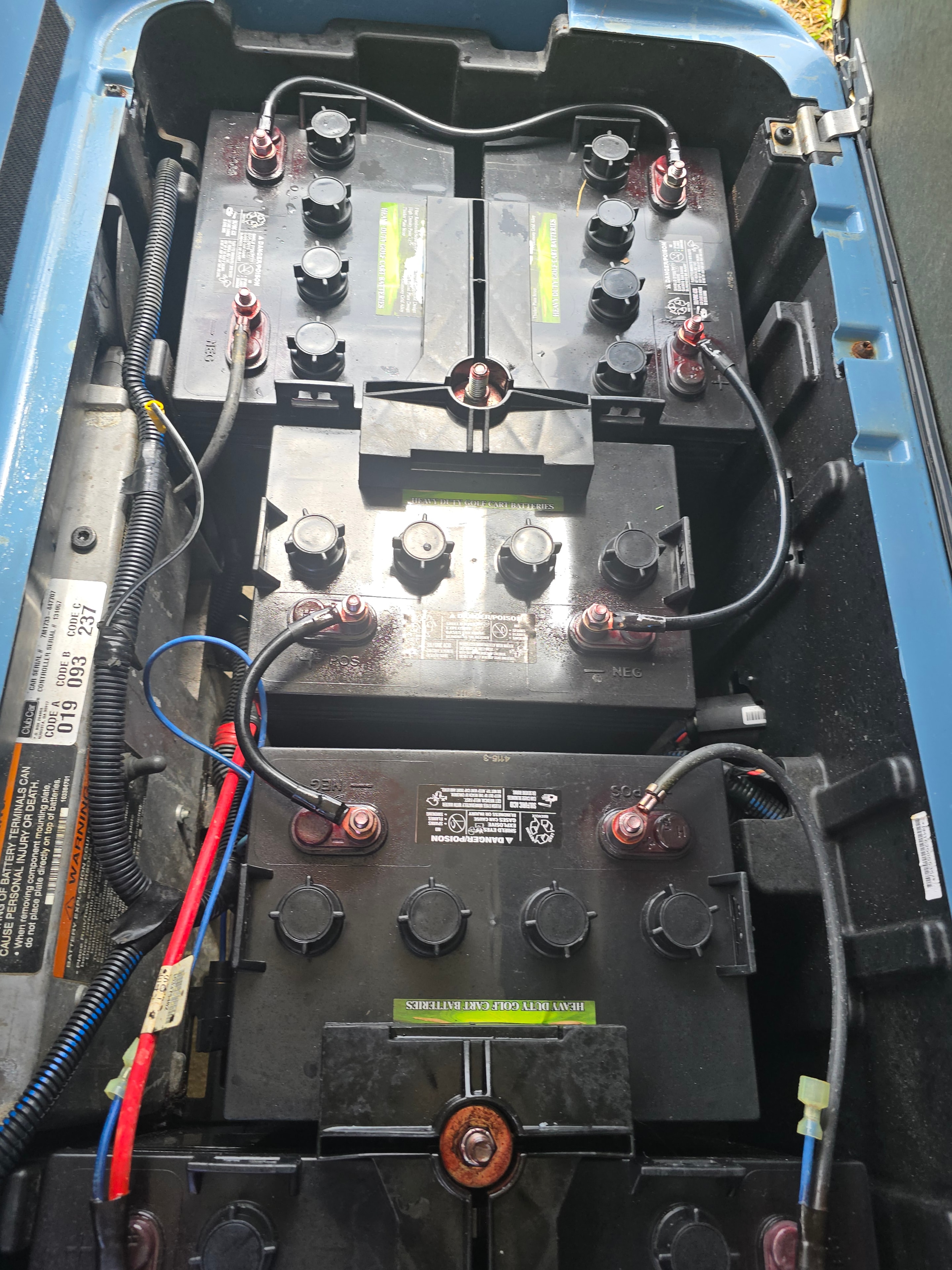 Golf cart battery bank — clean wiring overhead view