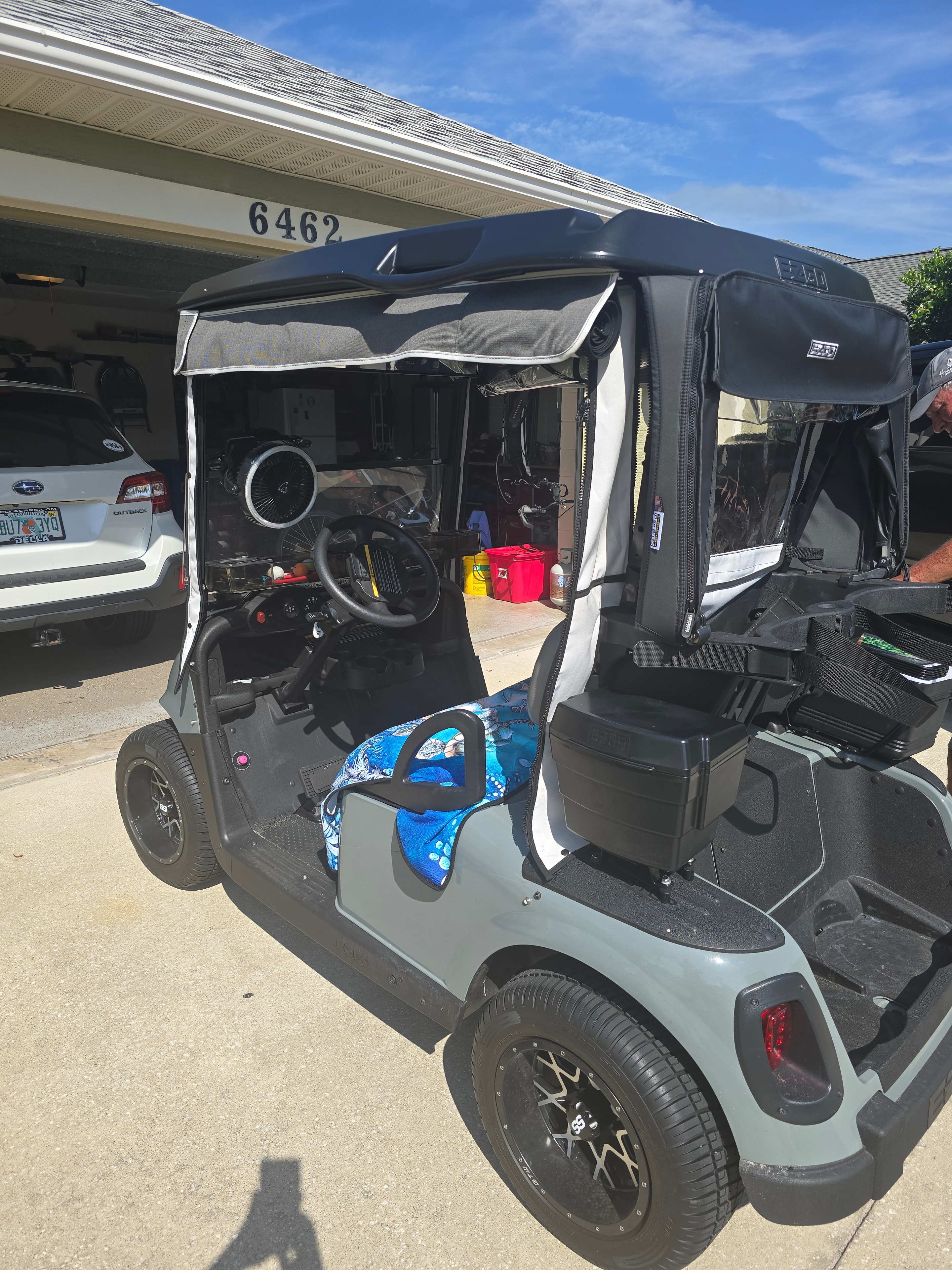 Grey EZ-GO golf cart interior and cargo area